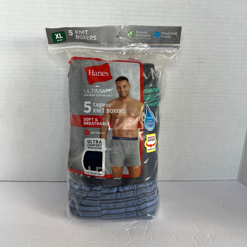 Hanes Ultimate Mens 5 Pack Tagless Knit Boxers XL 40-42 Multi Color 709BP5